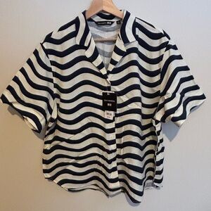 Marimekko Navy and White Wave Pattern Button Down Shirt